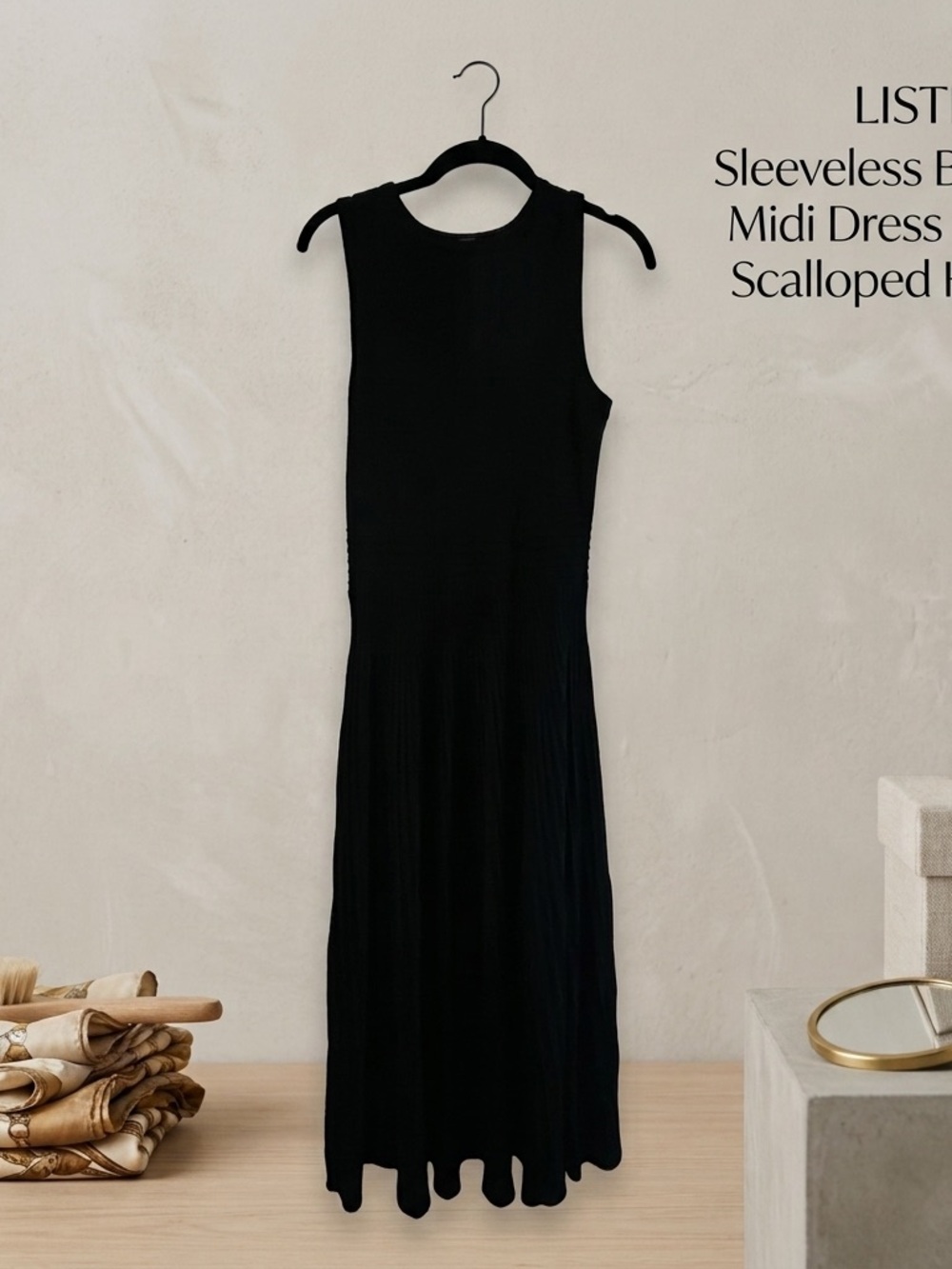 Sleeveless Black Midi Dress with Scalloped Hem